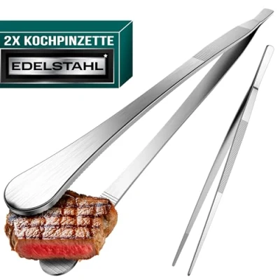 Obrázek 4happy kuchyňská pinzeta 2 kusy kuchyňské pinzety z ušlechtilé oceli, kulatá grilovací na vaření a smažení + špičatá zdobení, do kuchyně 30 cm