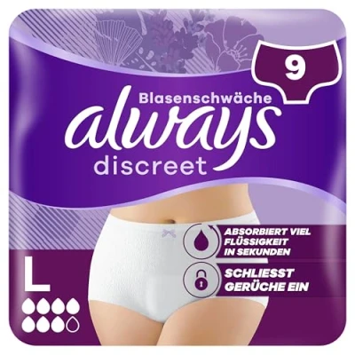 Obrázek Always Discreet Inkontinenční kalhotky Plus pro ženy, L, 9 kalhotek, zabraňuje vytékání a zápachu, příjemné téměř neviditelné