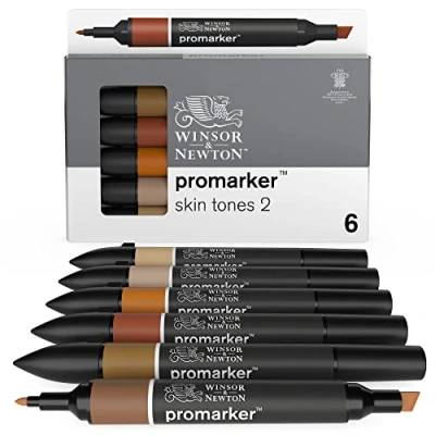 Obrázek Winsor &amp; Newton 0290115 ProMarker, profesionální layoutmarker 2 hroty, jemné a široké pro kreslení, design rozvržení sada 6 barev, odstíny pleti