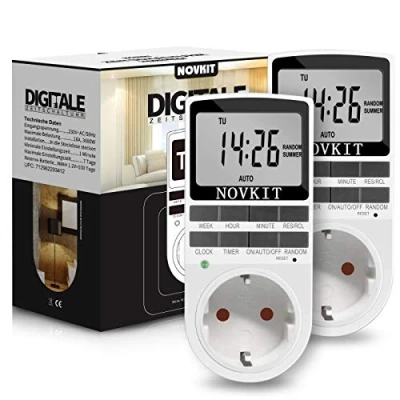 Obrázek 2x NOVKIT digitální spínací hodiny zásuvka s 10 konfigurovatelnými týdenními programy A náhodnou funkcí proti vloupání do interiéru (230 V / 16 3680 W)