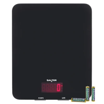 Obrázek Salter Digitální kuchyňská váha 1160 BKDR elektronická na potraviny s kapacitou 10 kg, pečení funkcí tárování, měření tekutiny, velký LCD displej, štíhlá skleněná platforma, černá