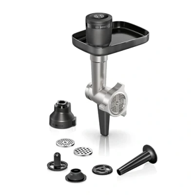 Obrázek Bosch Příslušenství MUZS6HA, mlýnek na maso, děrovaný kotouč 8 mm, 3 nástavec plnění klobás, kebbe, adaptér, pro kuchyňské roboty série 6, černý/ušlechtilá ocel