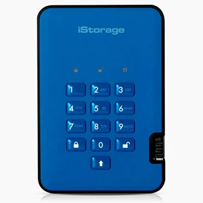 Obrázek iStorage diskAshur2 HDD 5TB modrý bezpečný přenosný pevný disk chráněný heslem prachotěsný a vodotěsný hardwarové šifrování