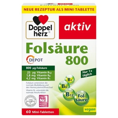 Obrázek Doppelherz Kyselina listová 800 DEPOT s vitamínem C + B pro podporu normální fungování imunitního systému VEGAN 60 mini tablet