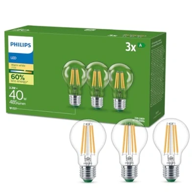 Obrázek Philips Classic ultra efektivní E27 LED žárovka, 40 W, teplá bílá, čirá, balení 3 ks