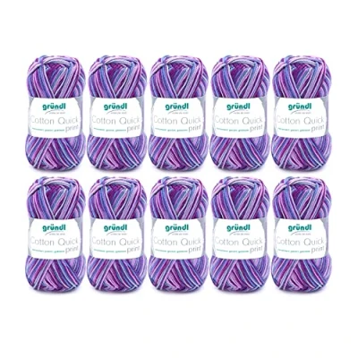 Obrázek Gründl Cotton Quick Print pletací příze / háčkovací (barevná ze 100% bavlny, certifikováno Öko Tex, 50 g 125 m, tloušťka jehlic: 3 4, 10 x g), lilek Multicolor, 35 24 7 cm