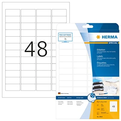 Obrázek HERMA 8864 univerzální etikety pro inkoustové tiskárny, 25 listů, 45,7 x 21,2 mm, 48 na arch A4, 1200 kusů, samolepicí, potištěné, matné, prázdné lepicí bílé