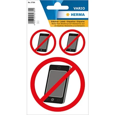 Obrázek HERMA 5784 nálepka zakázaná proti povětrnostním vlivům, 3 kusy, Ø 3,5 cm, 7,4 samolepicí, malá, velká, kulatá, zákaz mobilních telefonů, nejedná se o smartphone štítek z fólie pro vnější a