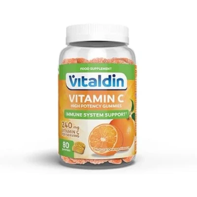 Obrázek VITALDIN Pryže vitamínu C dávka 240 mg denně 80 ovocných gumiček (zásoba na 40 dní) pomerančová příchuť posílení imunitního systému bez lepku pro děti a dospělé