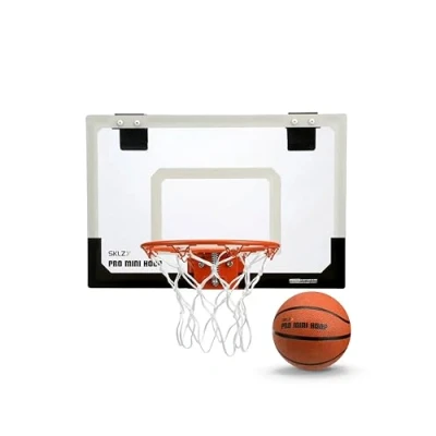 Obrázek SKLZ mini basketbalový koš pro koš, průhledná, nerozbitná zadní stěna, pružná hrana, robustní síť a koule 12,7 cm, polstrované držáky dveří k nasunutí, kancelář, ubytovnu, 45,7 x
