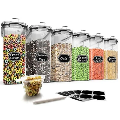 Obrázek Wildone Müsli Behälter Set aus Kunststoff, 6 große (16,9 Tassen, 384 ml), luftdichte Frischhaltedosen auslaufsicher, BPA freier Spender Mehl, trockene Lebensmittel mit schwarz Deckel