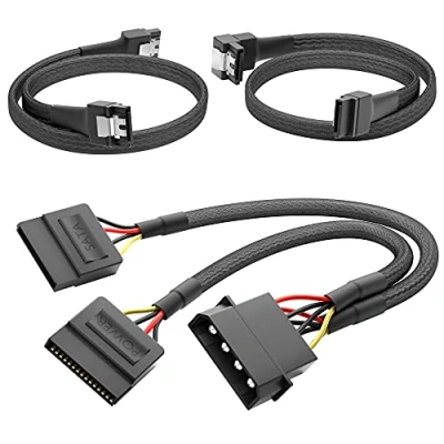 Obrázek KabelDirekt vysoce flexibilní SATA kabel, adaptér napájecího kabelu 4 Pin Molex na 2x 15 (30 cm) + 7 3 datový kabel 6 Gbit/s, 90 úhlý (60 Gbit/s