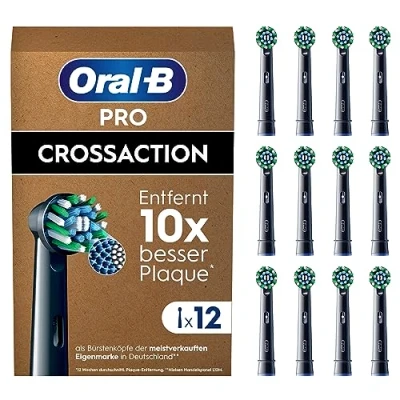 Obrázek Oral B Náhradní kartáčky pro CrossAction elektrický zubní kartáček, 12 kusů, čištění zubů, X štětiny, originální nástavec zubního kartáčku v poštovní schránce, vyrobeno Německu, černé