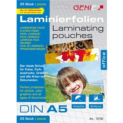 Obrázek Genie 10782 laminovací fólie (čirá skla; 80 mikronů pro formáty do DIN A5; vhodné všechny přístroje s laminováním za tepla) 10 kusů