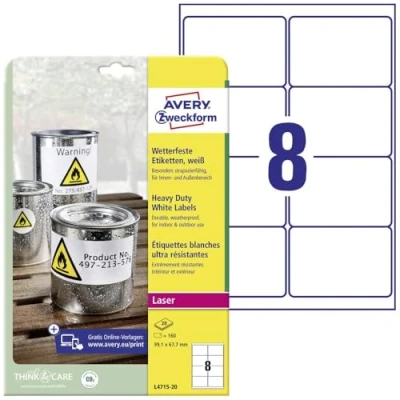 Obrázek AVERY Zweckform L4715 20 fólie odolné proti povětrnostním vlivům (99,1 x 67,7 mm na DIN A4, extrémně silně samolepicí, voděodolná, potištěná venkovní lepicí fólie) 160 nálepek listech bílé
