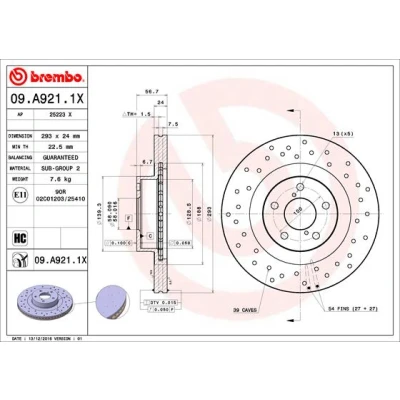 Obrázek Brembo 09.A921.1X Xtra UV beschichteter, belüfteter, gebohrter Bremsrotor für Subaru, Toyota OE# 26300SA000