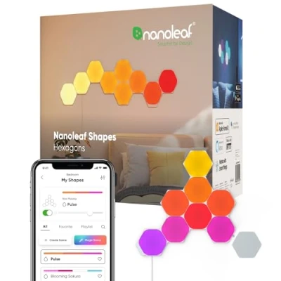 Obrázek Nanoleaf Shapes Hexagon Starter Kit, 9 Smarten LED Panels RGBW Modulare WLAN 16 Mio. Farben Wandleuchte Innen, Musik &amp; Bildschirm Sync, Funktioniert mit Alexa Google Apple, für Deko Gaming