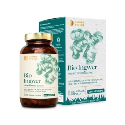 Obrázek Kapsle s extraktem z bio zázvoru 180 kapslí ve vysokých dávkách / 600 mg čistého extrakt v denní dávce ajurvédský veganský, certifikovaný a udržitelný skle