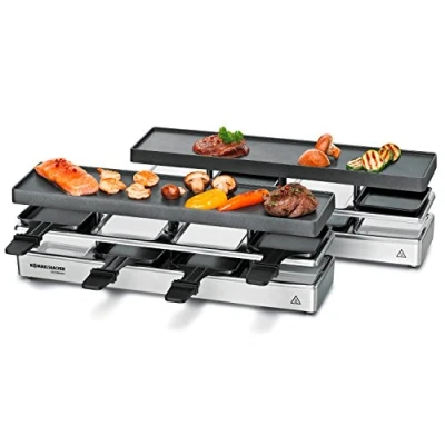 Obrázek ROMMELSBACHER RC 1600 raclette grilovací zábava pro 4 + (stolní gril, 8 osob, roztažitelná, parkovací plošina, hliníková litá roštová deska s nepřilnavou vrstvou Xylan Plus, 1590 W) stříbrná
