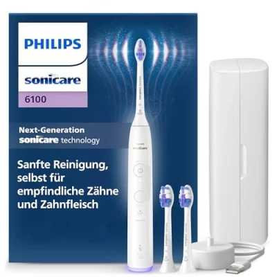 Obrázek Philips Elektrický zubní kartáček Sonicare 6100, sonický se 2 režimy čištění a 3 stupni intenzity, kontrola přítlaku, EasyStart, SmarTimer BrushPacer, cestovní pouzdro, bílý, model