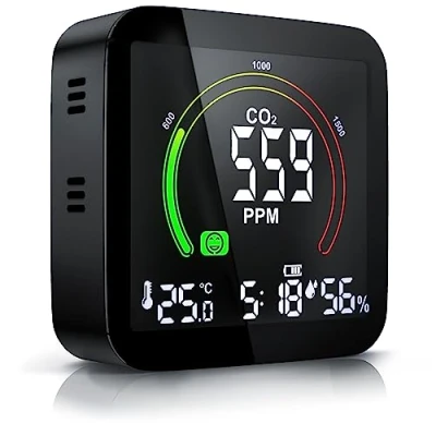 Obrázek Brandson Co2 Detektor měřicí přístroj zkoušečka kvality vzduchu, senzor oxidu uhličitého měření PPM, ukazatel, doporučení ventilace v místnosti alarm, budík, teploměr, vlhkost vlhkoměr