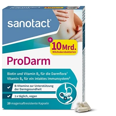 Obrázek sanotact ProDarm (20 kapslí) 10 miliard kultur kyseliny mléčné + 3 kmeny bakterií pro sanaci střev bakteriální kultury jako čisticí kúra S vitaminem B6, B2 biotinem probiotika střevní