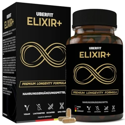 Obrázek UberFit® ELIXIR+ Premium Longevity komplex vysoká dávka s resveratrolem 490 mg, spermidin 5 NADH, Omega 3, koenzym Q10, vitamin D3, E, kurkuma a mnoho dalšího (90 veganských kapslí)