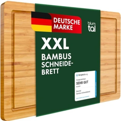 Obrázek Blumtal krájecí prkénko ze 100% bambusu 2 cm silné dřevěné antibakteriální masivní dřevo s drážkou na šťávu 45 x 30 alternativa k plastovému