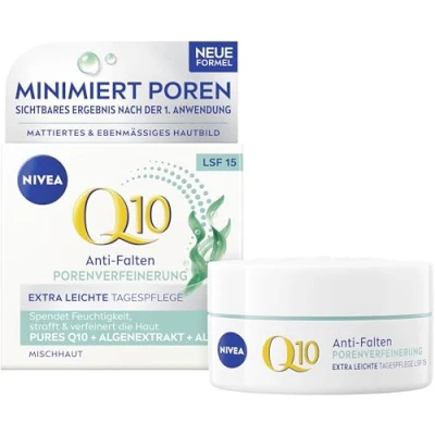 Obrázek NIVEA Q10 vyhlazení pórů proti vráskám Extra lehká denní péče, zpevňující krém s LSF 15, péče o obličej pro smíšenou pleť Q10, extraktem z řas a aloe (50 ml)