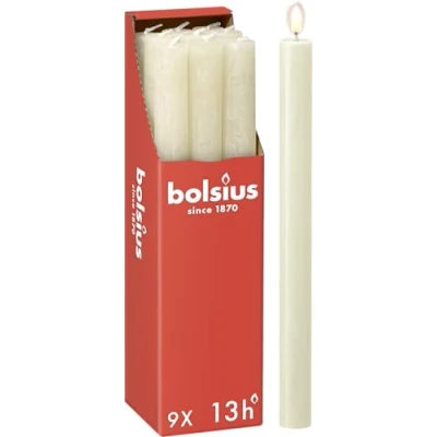 Obrázek Bolsius Rustikální svíčky slonová kost 9 kusů 27 x 2. 3 cm délka hoření 13 hodin neparfémované obsahuje přírodní rostlinný vosk bez palmového oleje