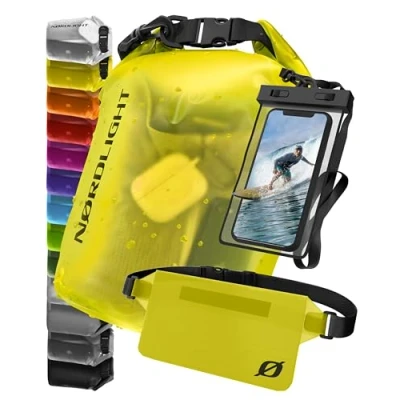 Obrázek Nordlight vodotěsná taška sada 3 ks (žlutá) Dry Bag 20 l + vodotěsné pouzdro na mobil ledvinka ochrana IPX8 s nastavitelnými popruhy pláž, Stand Up Paddling