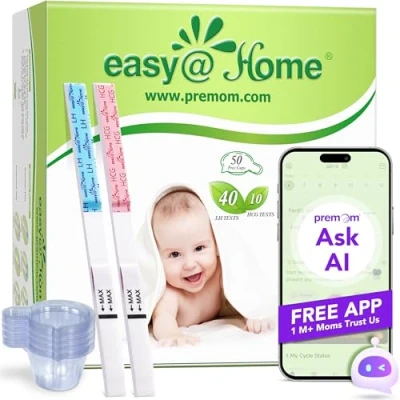 Obrázek Easy@Home 40 ovulačních testů + 10 těhotenských 50 šálků, citlivé testy plodnosti pro ženy přání dětí 25 mIU/ml, spolehlivé sledování cyklu a