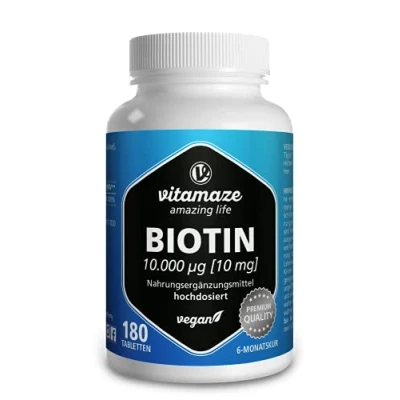 Obrázek Biotin 10000 mcg vysoké dávky veganského, 10 mg čistého biotinu (vitamin B7), pro růst vlasů a pokožku, 180 tablet po dobu 6 měsíců, přírodní doplněk stravy bez přísad, vyrobeno v Německu