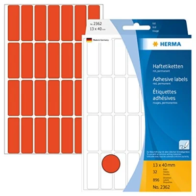 Obrázek HERMA 2362 víceúčelové etikety, 896 kusů, 13 x 40 mm, 28 na arch, samolepicí, štítky pro domácnost k popisování, matné, prázdné papírové lepicí etikety samolepky, červené