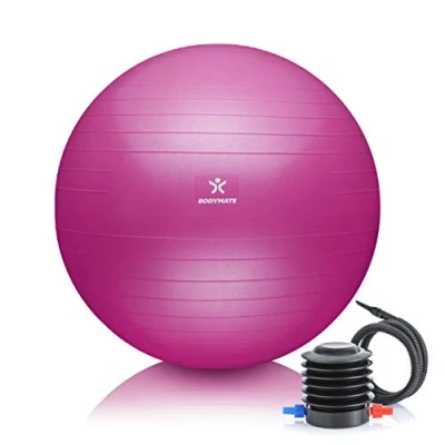 Obrázek BODYMATE Gymnastický míč na sezení tréninkový s e knihou zdarma včetně vzduchové pumpy, pro fitness, jógu, gymnastiku, Core trénink, silná záda jako kancelářská židle magenta 65 cm