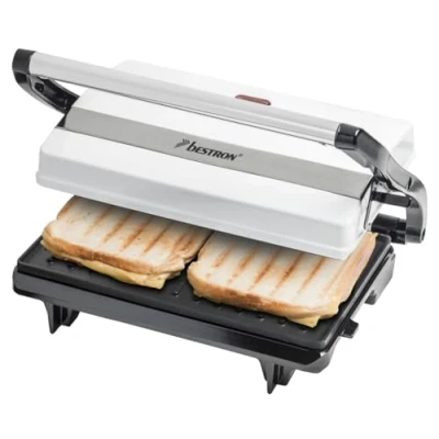 Obrázek Bestron Kontaktní gril se záchytnou miskou, sendvičovač s rukojetí Cool Touch, paninimaker nepřilnavým povrchem, 700 W, APM123 barva: bílá