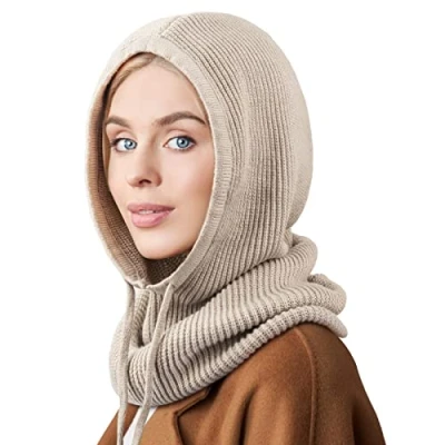 Obrázek DRESHOW Zimní čepice pro dámy Balaclava pletená Skull Cap se stahovací šňůrkou teplá šála s kapucí čepice, 1 ks Hooded Hat: velbloudí