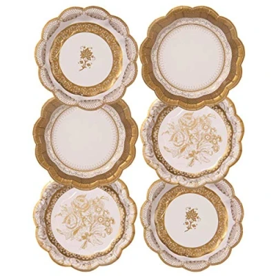 Obrázek Balení 12 zlatých vintage porcelánových stylů, malé papírové party dezertní talíře 3 designy jedinečné, okouzlující, jednorázové na svatby, výročí, odpolední čaj, narozeniny, příležitost, oslavu