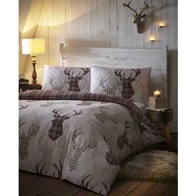 Obrázek DE CAMA Sada ložního prádla Design jelena ve Skotském káru, přírodní, hnědá, pro dvoulůžkové postele