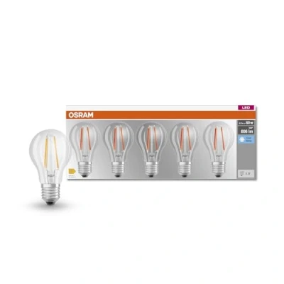 Obrázek OSRAM LED BASE Classic A60, čiré Filament žárovky ze skla pro patici E27, tvar žárovky, studená bílá (4000K), 806 lumenů, náhrada za běžné 60W balení 5 ks