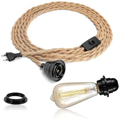 Obrázek FRIDEKO Home Sada závěsných světel s vypínačem Vintage kabel lampy 4,5 m otočeným konopným lanem E27 objímka žárovky Plug in DIY závěsné svítidlo pro Farmhouse Loft bez