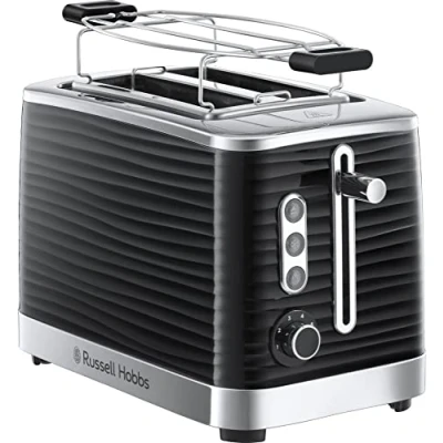 Obrázek Russell Hobbs Toustovač [pro 2 plátky] Inspire černý s vysoce kvalitní strukturou vysokým leskem (extra široké štěrbiny na toasty, vč. nástavce pečivo, 6 stupňů opečení + funkce rozmrazování a