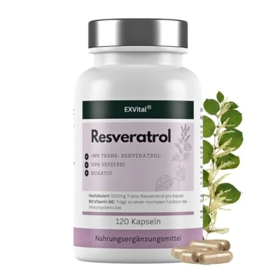 Obrázek EXVital® Resveratrol kapsle, &gt;98% trans resveratrol, 500 mg resveratrolu v kapslích, 120 veganských kapslí, veganské a bez přísad, laboratorně testováno