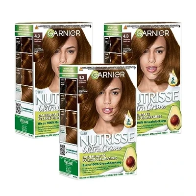 Obrázek Garnier Nutrisse trvalá pečující barva na vlasy s výživnými ovocnými oleji, barvení životností 8 týdnů, ultra krémové tónování, 43 cappuccino zlatohnědá