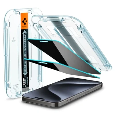 Obrázek Spigen Sklo. tR EZ Fit ochranná fólie na ochranu před nežádoucími pohledy kompatibilní s iPhone 15 Pro, 2 kusy, ochrana soukromí, odolná proti poškrábání, tvrdosti 9H