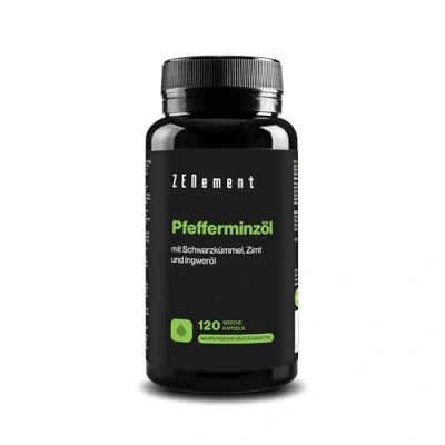 Obrázek Mátový olej s černým kmínovým olejem, skořicí a zázvorem 120 kapslí, synergický vzorec 500 mg, zdraví trávení, 40 % mentolu, 20 mentonu, 100% přírodní Zenement
