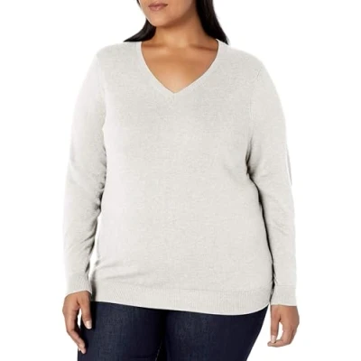 Obrázek Amazon Essentials Damen Regular Fit Leichter Langarm Pullover V Ausschnitt (In Übergröße Erhältlich), Elfenbein, XXL