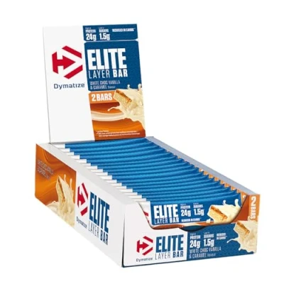 Obrázek Dymatize Elite Layer Bar White Choc Vanilla &amp; Caramel 18x(2x30g) High Protein Low Sugar Riegel