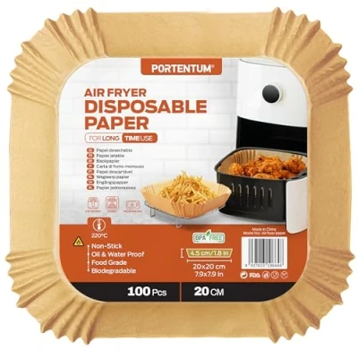 Obrázek PORTENTUM Backpapier für Heißluftfritteuse 100 Stück BPA frei, 20 24 cm, Airfryer Antihaft Wasserdicht Ölfest Einwegschalen Luftfritteuse Pergamentpapier Liner 4.7L 7.3L2, Quadrat