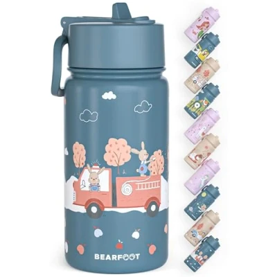 Obrázek BEARFOOT láhev na pití pro děti z ušlechtilé oceli se slámkou termoláhev 400 ml bez BPA zabezpečená proti vytečení vodu malé děti, dívky a chlapce do školy, školky (modrý